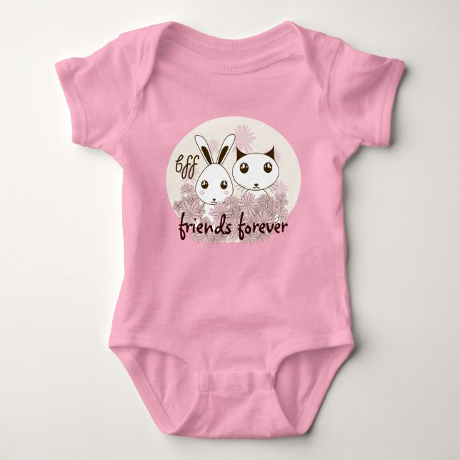 Cute Kitten Bunny Animal Best Friends Pink Girl Baby Bodysuit (Front)