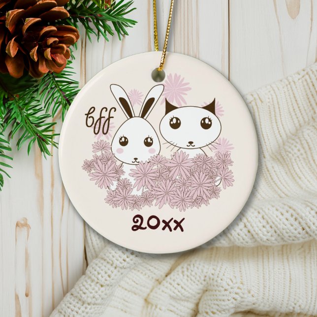 Cute Kitten Bunny Animal Friends Kids Christmas Ceramic Tree Decoration (Creator Uploaded)