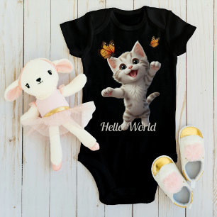 Cute Kitten Butterflies Hello World Baby Bodysuit