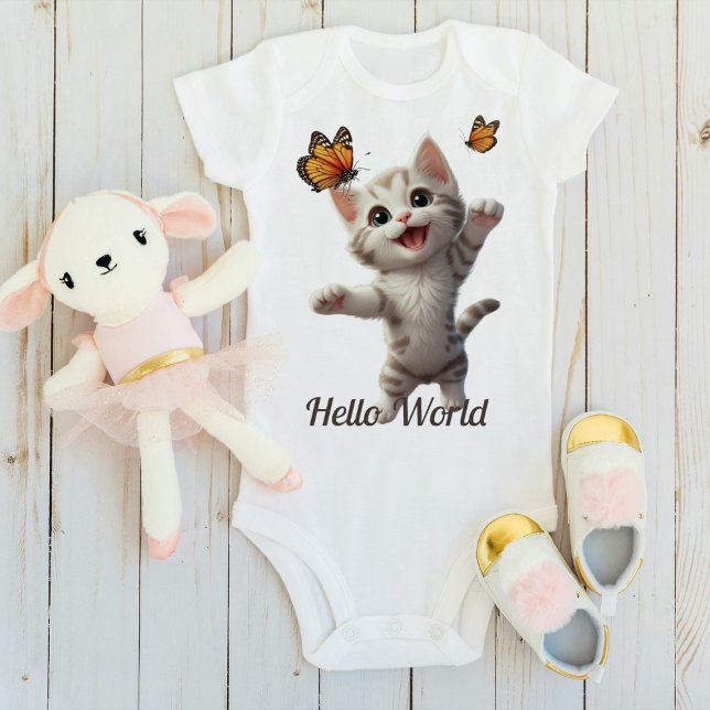 Cute Kitten Butterflies Hello World Baby Bodysuit (Creator Uploaded)