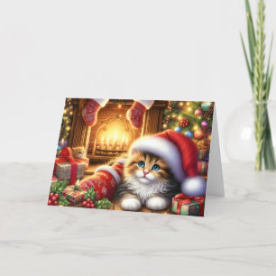 Cute Kitten by the Fireplace Christmas Holiday Card