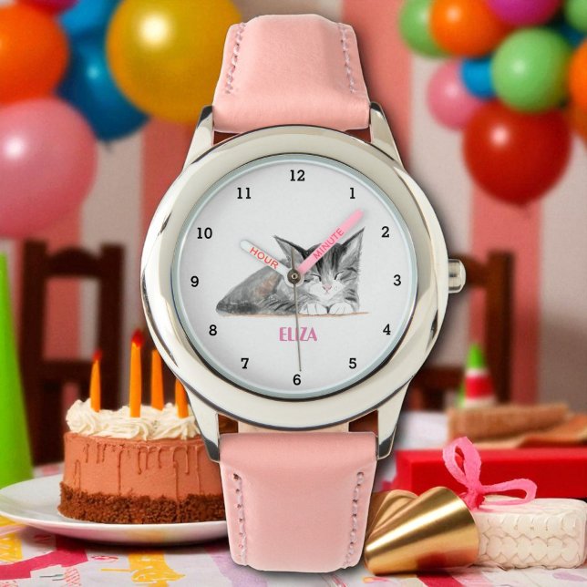 Cute Kitten Cat Animal Girly Kids Watercolor Watch (Creator Uploaded)