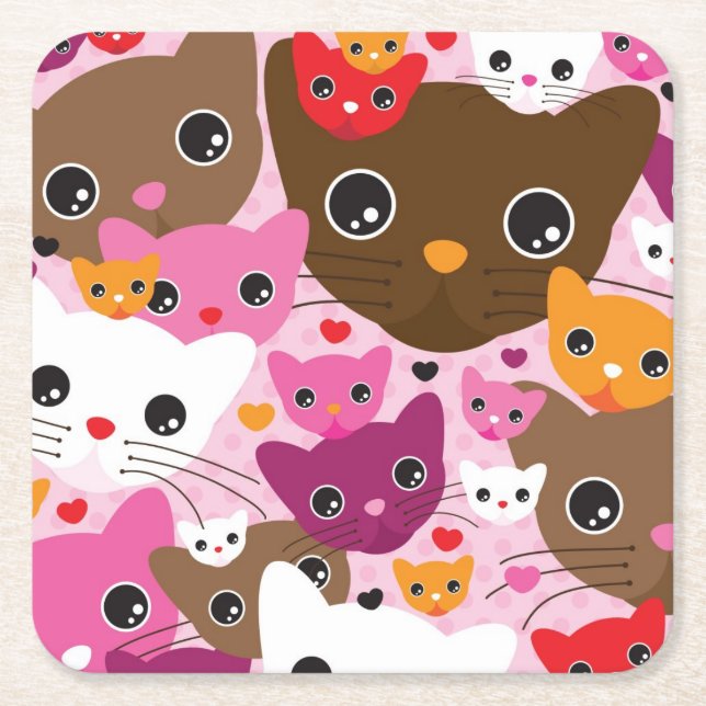 cute kitten cat background pattern square paper coaster (Front)