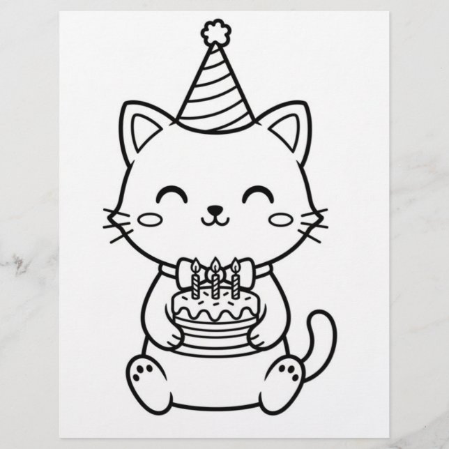 Cute Kitten Cat Birthday Coloring Page | Kawaii (Front)