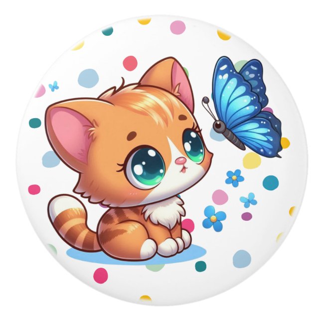 Cute kitten/cat & butterfly  ceramic knob (Front)
