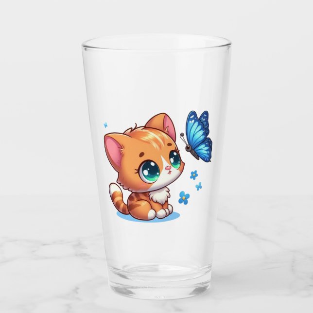 Cute kitten/cat & butterfly  glass (Front)