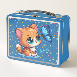 Cute kitten/cat & butterfly  metal lunch box