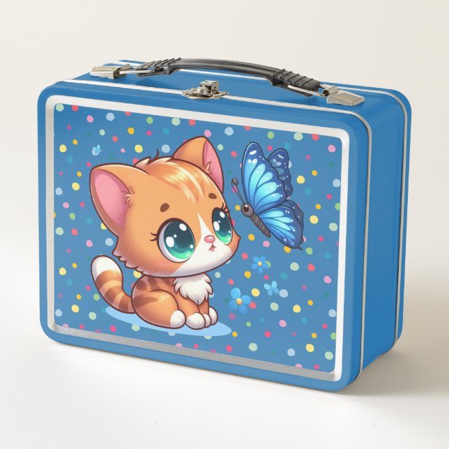 Cute kitten/cat & butterfly  metal lunch box (Front)