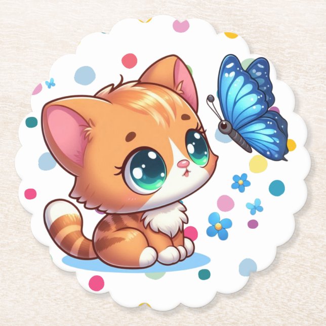 Cute kitten/cat & butterfly  paper coaster (Front)