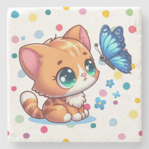 Cute kitten/cat & butterfly  stone coaster