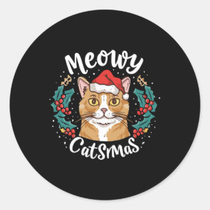 Cute Kitten Cat Christmas Santa Hat Meowy Catmas W Classic Round Sticker