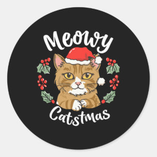 Cute Kitten Cat Christmas Santa Hat Meowy Catmas W Classic Round Sticker
