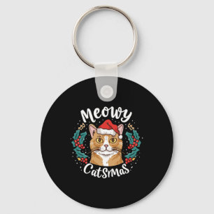 Cute Kitten Cat Christmas Santa Hat Meowy Catmas W Key Ring