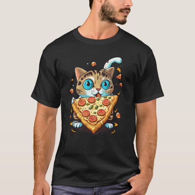 Cute Kitten Cat Eating Pizza T-Shirt (Front)
