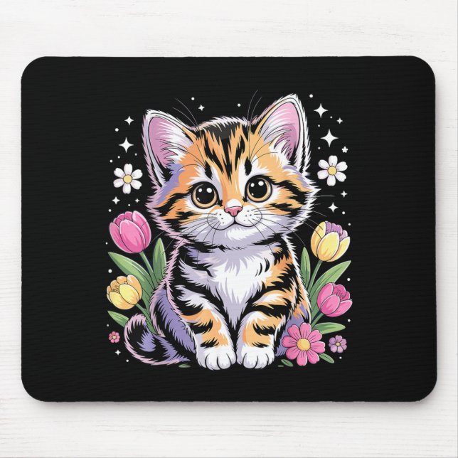 Cute Kitten Cat Floral Kawaii Mouse Pad (Front)