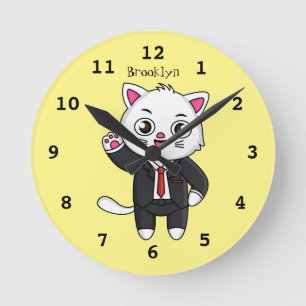 Cute kitten cat in business suit cartoon round clock