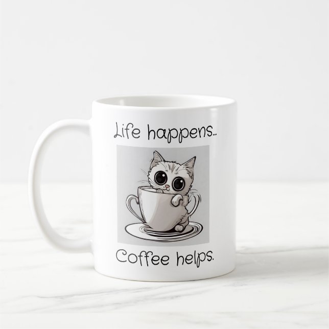 Cute Kitten Cat Life Happens Coffee Helps Mug (Left)