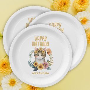 Cute Kitten Cat Little Girl's Happy Birthday Paper Plate