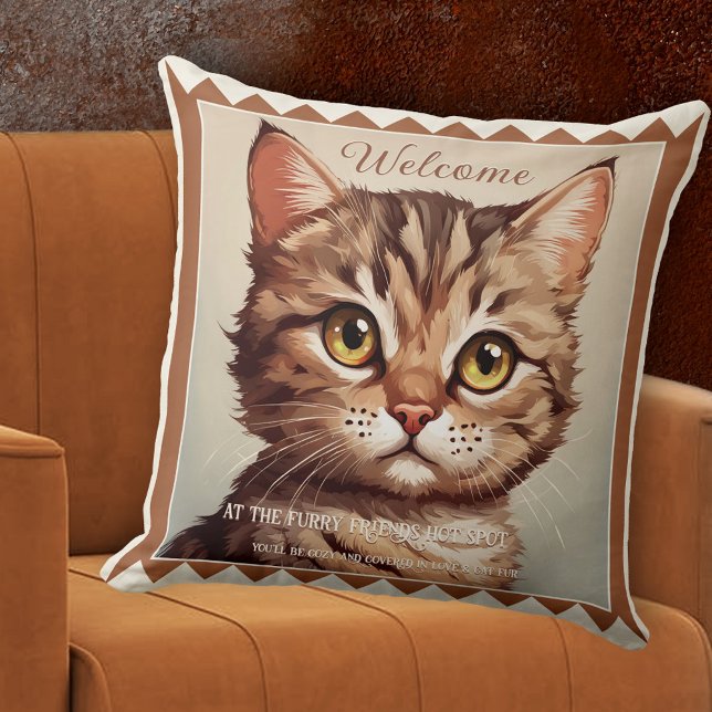 Cute Kitten Cat Lovers Animal Art Cushion (Pillow featuring a painting of a cute kitten with your own texts. Great for a cat lover)