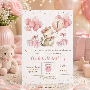 Cute Kitten Cat Pink Balloons 1st 2nd 3rd Birthday Invitation