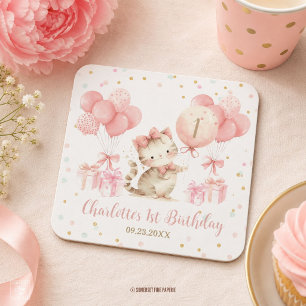 Cute Kitten Cat Pink Balloons 1st 2nd 3rd Birthday Square Paper Coaster