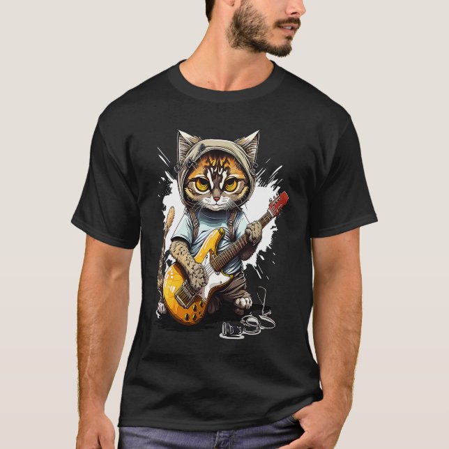 Cute Kitten Cat Playing Guitar  2 T-Shirt (Front)