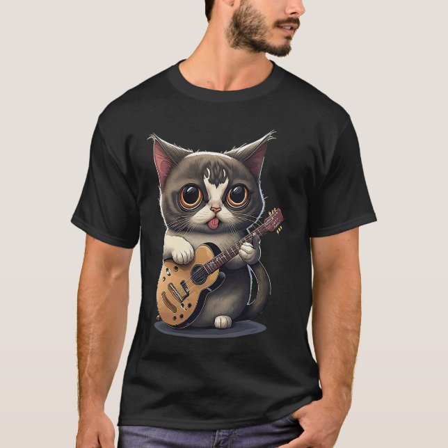 Cute Kitten Cat Playing Guitar T-Shirt (Front)