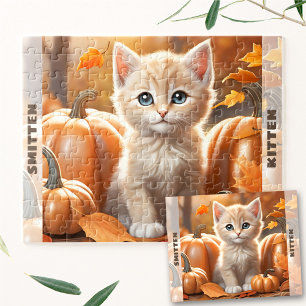 Cute Kitten Cat Pumpkin Fall Autumn Custom Name Jigsaw Puzzle