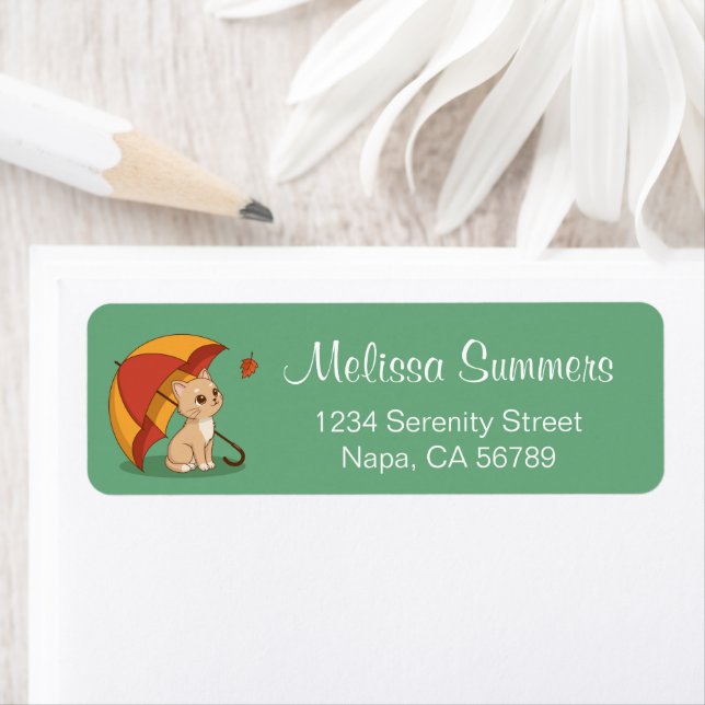 Cute Kitten Cat Red Yellow Umbrella Fall Green (Insitu)