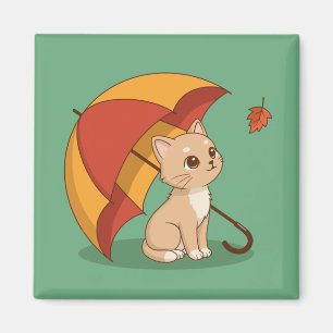 Cute Kitten Cat Red Yellow Umbrella Fall Green Magnet