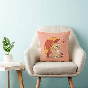 Cute Kitten Cat Red Yellow Umbrella Fall Pink Cushion