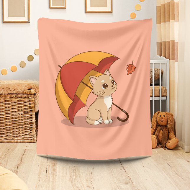 Cute Kitten Cat Red Yellow Umbrella Fall Pink Fleece Blanket (Creator Uploaded)
