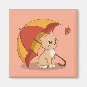 Cute Kitten Cat Red Yellow Umbrella Fall Pink Magnet