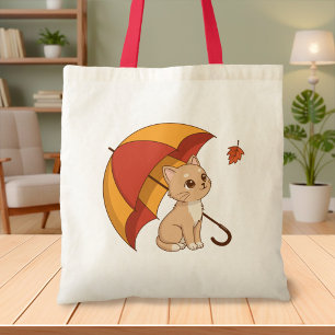 Cute Kitten Cat Red Yellow Umbrella Fall Tote Bag