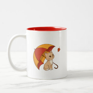 Cute Kitten Cat Red Yellow Umbrella Fall Two-Tone Coffee Mug