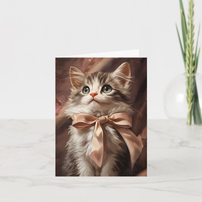 Cute Kitten Cat Ribbon Holiday Card (Front)