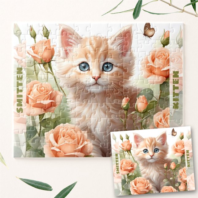 Cute Kitten Cat Rose Floral Summer Custom Name Jigsaw Puzzle (Cute Kitten Cat Rose Floral Summer Custom Name Jigsaw Puzzle)