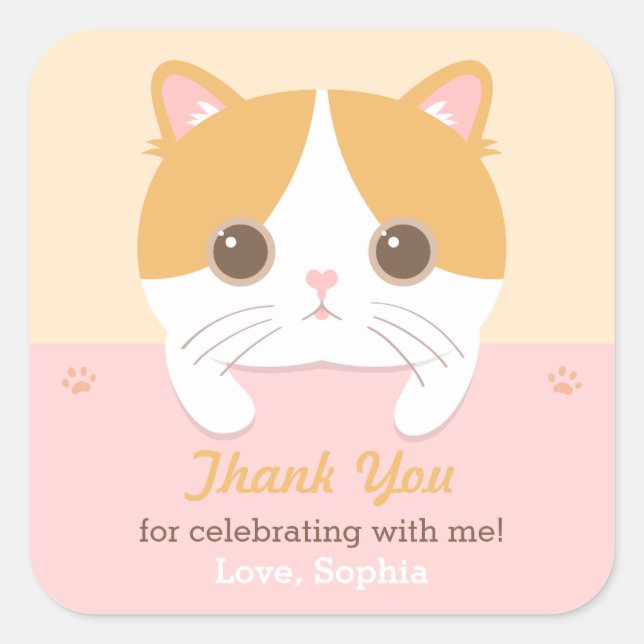 Cute Kitten Cat Thank You Birthday Party Stickers (Front)