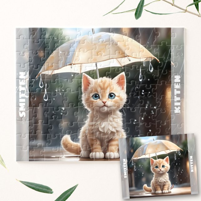 Cute Kitten Cat Umbrella Fall Rain Custom Name Jigsaw Puzzle (Cute Kitten Cat Umbrella Fall Rain Custom Name Jigsaw Puzzle)