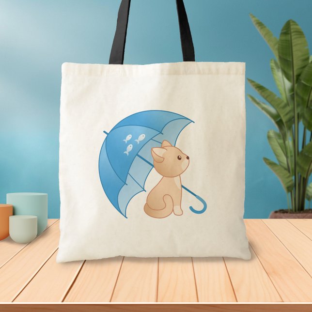 Cute Kitten Cat under Blue Umbrella Tote Bag (Creator Uploaded)