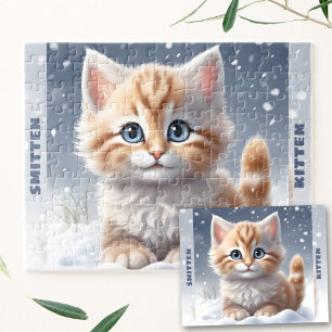 Cute Kitten Cat Winter Snow Custom Name Jigsaw Puzzle
