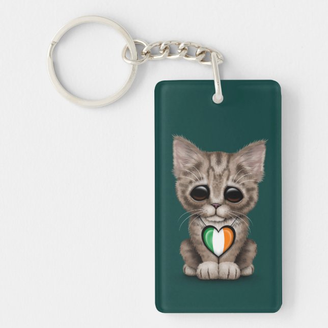 Cute Kitten Cat with Irish Flag Heart, teal Key Ring (Front)
