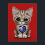 Cute Kitten Cat with New Zealand Flag Heart, red Postcard<br><div class="desc">This cute design features a small brown tabby kitten with the flag of New Zealand inside of a heart shaped pet tag necklace. The cat is sitting down with its paws beside each other and is looking forward with its head slightly tilted to one side. The over sized head and...</div>