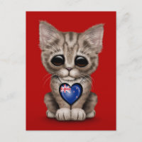 Cute Kitten Cat with New Zealand Flag Heart, red