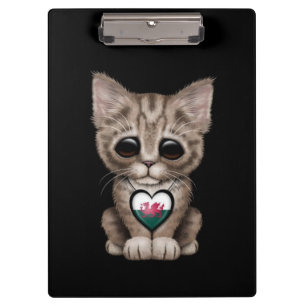 Cute Kitten Cat with Welsh Flag Heart, black Clipboard