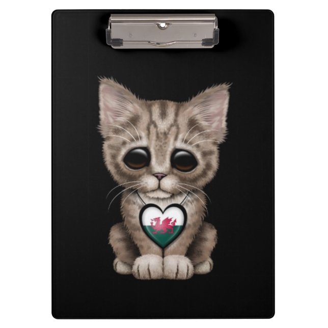 Cute Kitten Cat with Welsh Flag Heart, black Clipboard (Front)