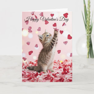 Cute Kitten Catching Valentine Heart Petals Card