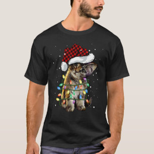 Cute Kitten Christmas Light Santa Hat Plaid Cat T-Shirt