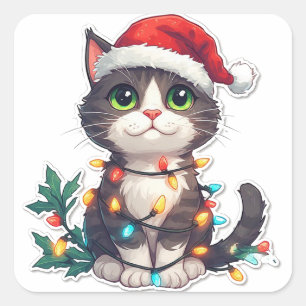 Cute Kitten Christmas Portrait With Santa Hat Square Sticker