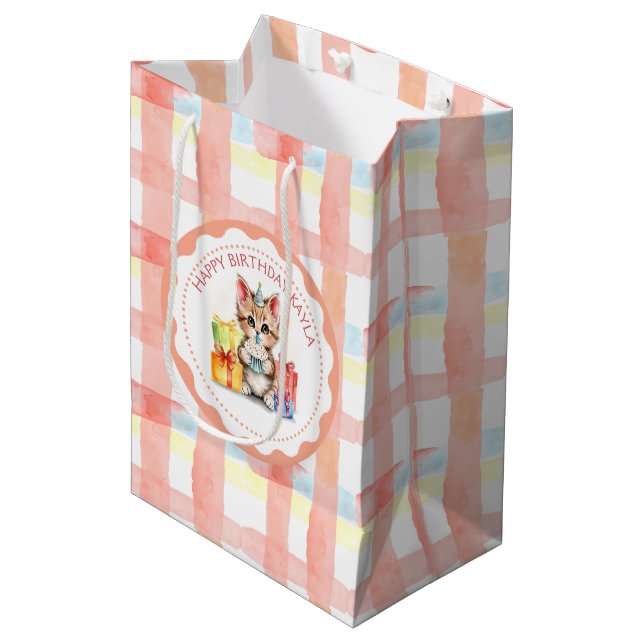 Cute Kitten Coral Plaid Personalised Birthday  Medium Gift Bag (Front Angled)